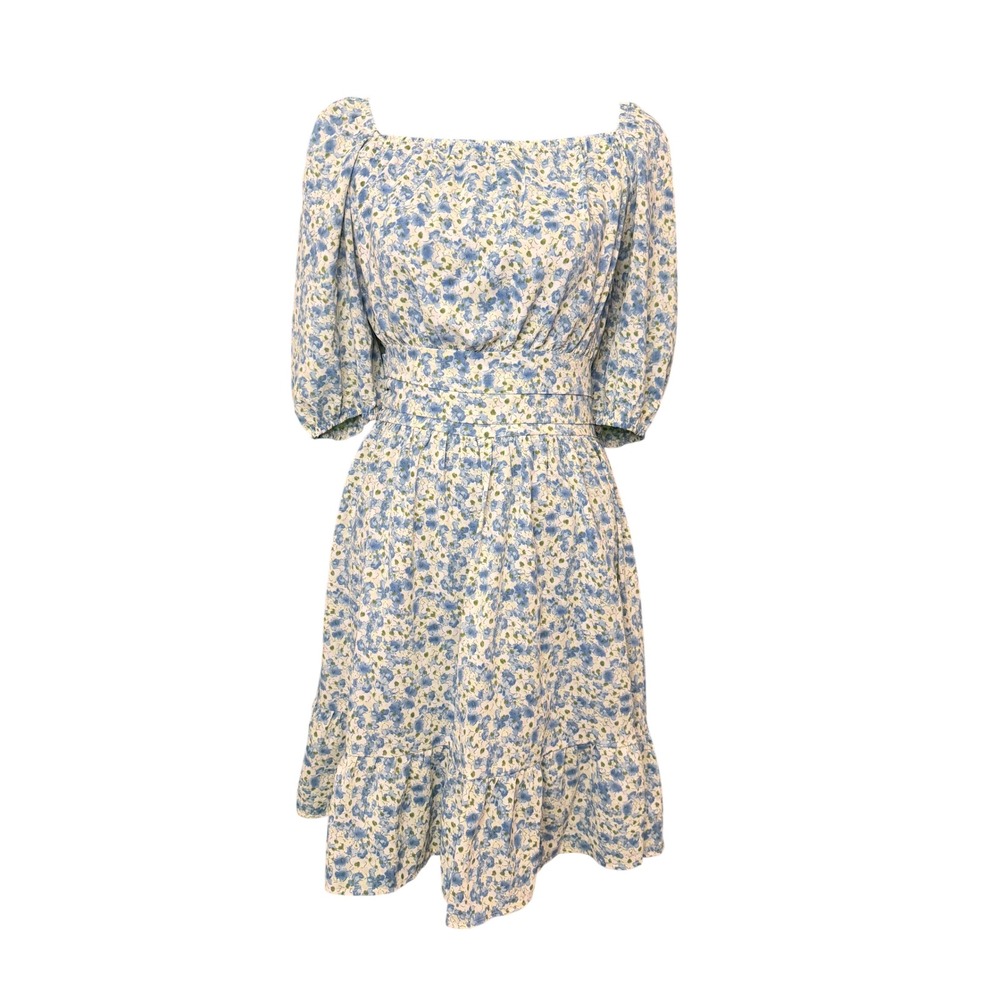 BTFBM Blue Floral Square Neck Mini Dress Small Tie Back Ruffle Hem Cottagecore